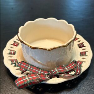 Lenox Cream and Gold Candle Holder with Plaid Accent